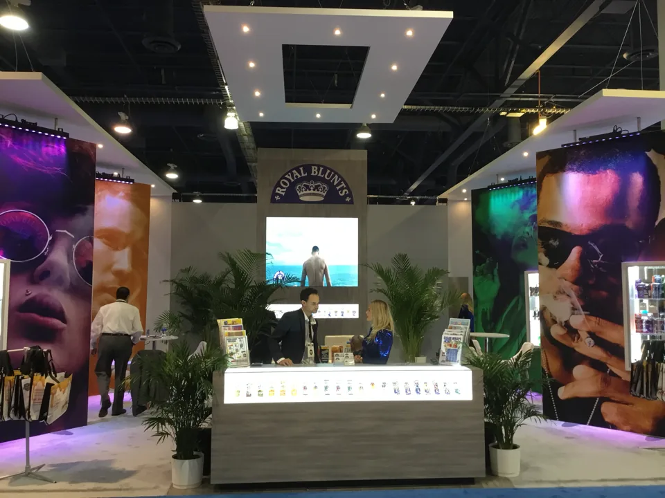 Royal Blunts exhibit with illuminated counter and product shelves