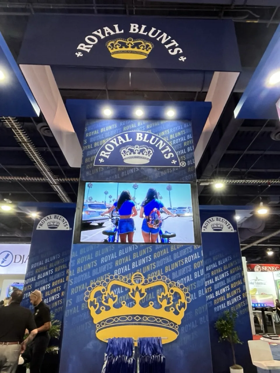 Royal Blunts tower with crown graphic and mounted screen
