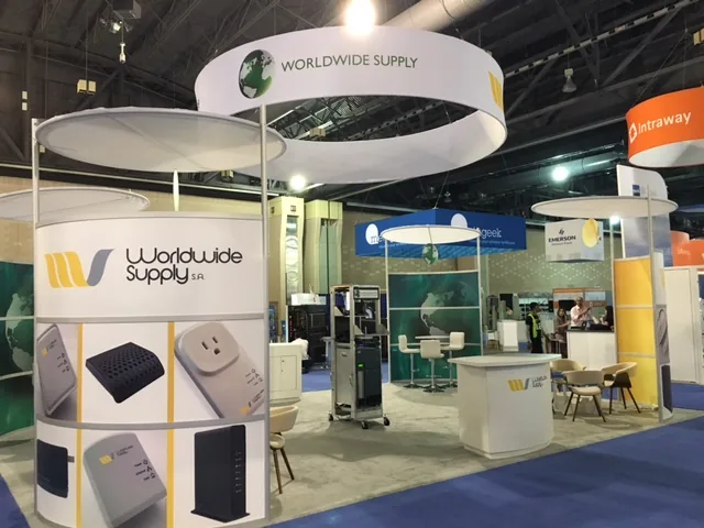 Worldwide Supply exhibit with a printed tower and hanging ring sign